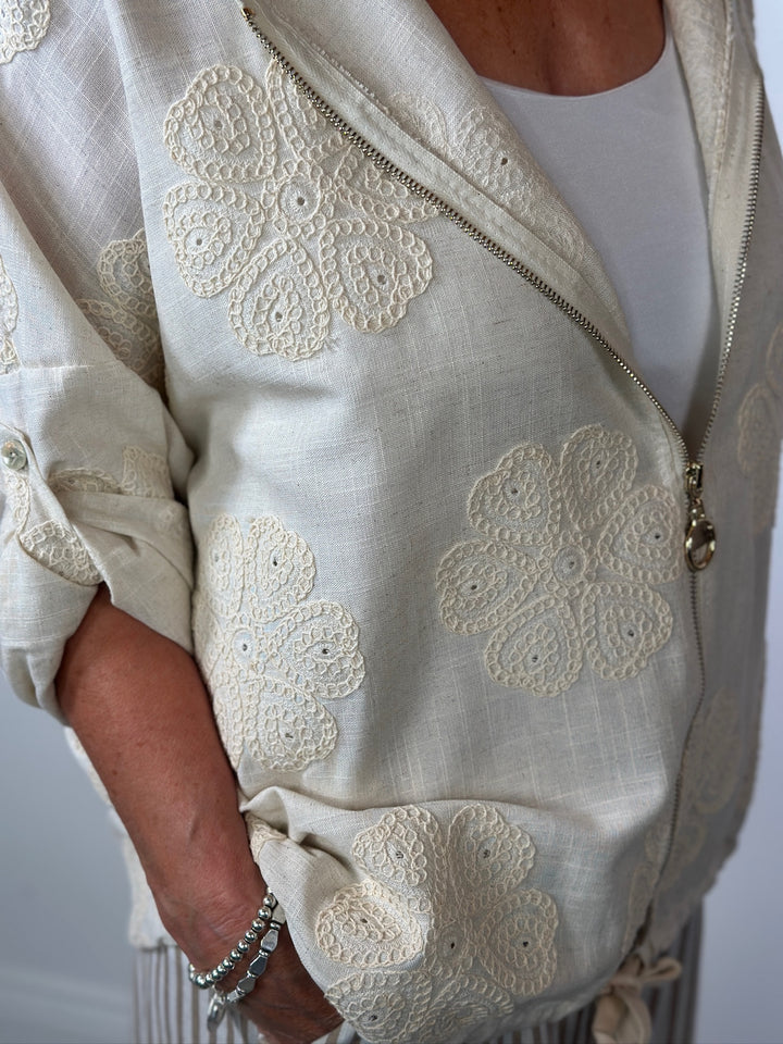 Crochet Floral Hooded Jacket | Natural