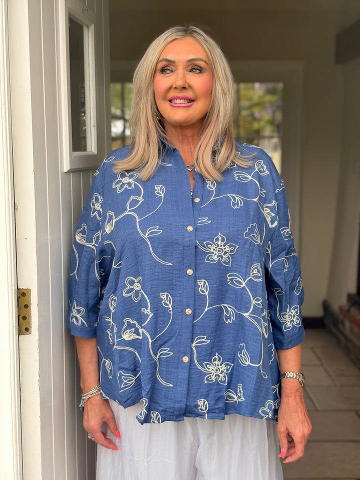 Delicate Flower Embroidery Shirt | Denim Blue