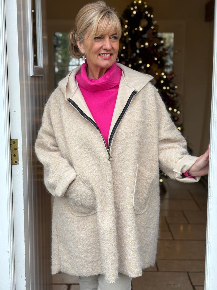 Brushed Hooded Zip Coat | Cream