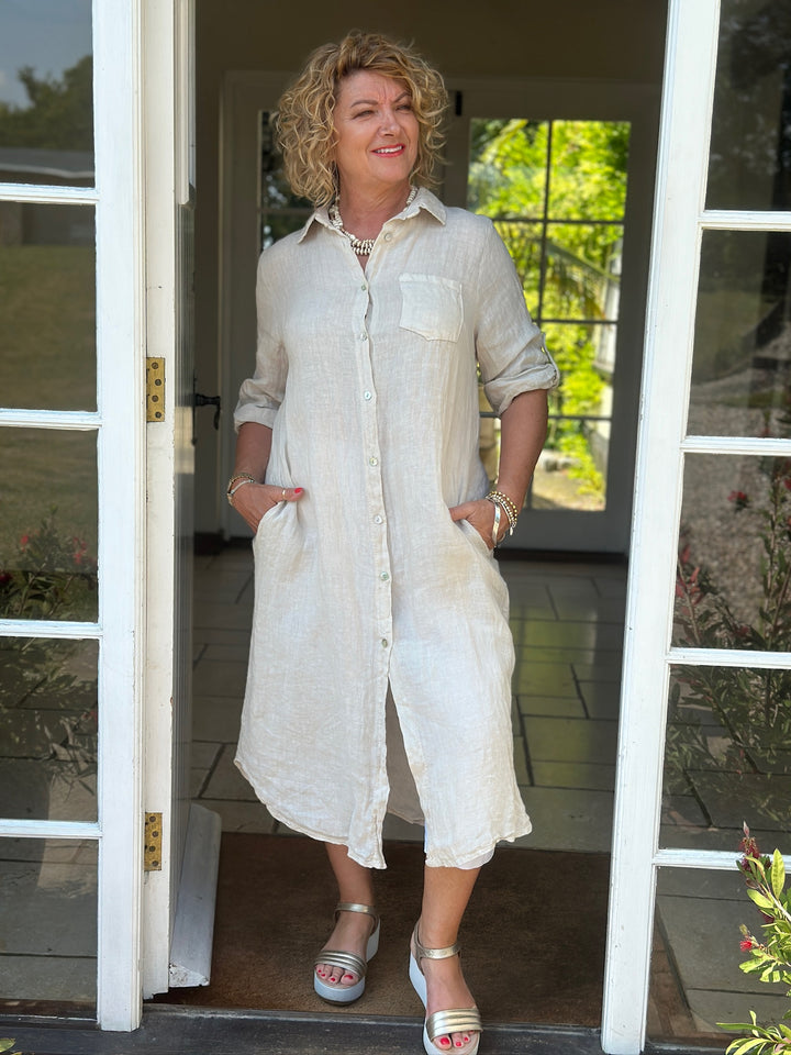 Linen Button Through Dress | Beige