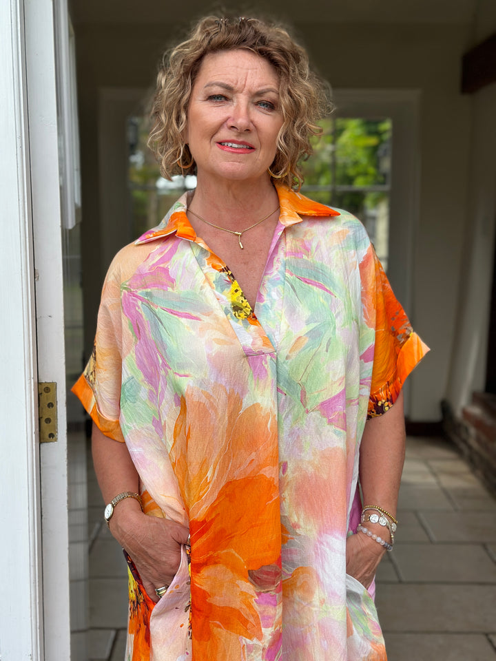 Watercolour Floral Sun Dress | Orange
