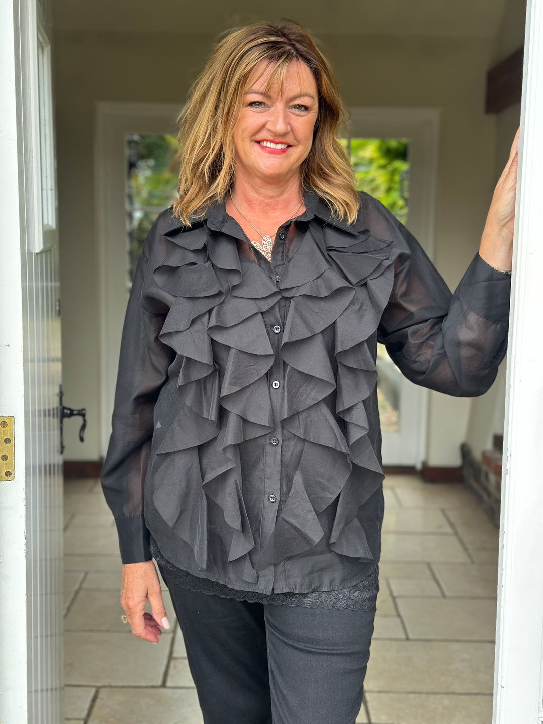 Ruffle Detail Sheer Button Blouse | Black