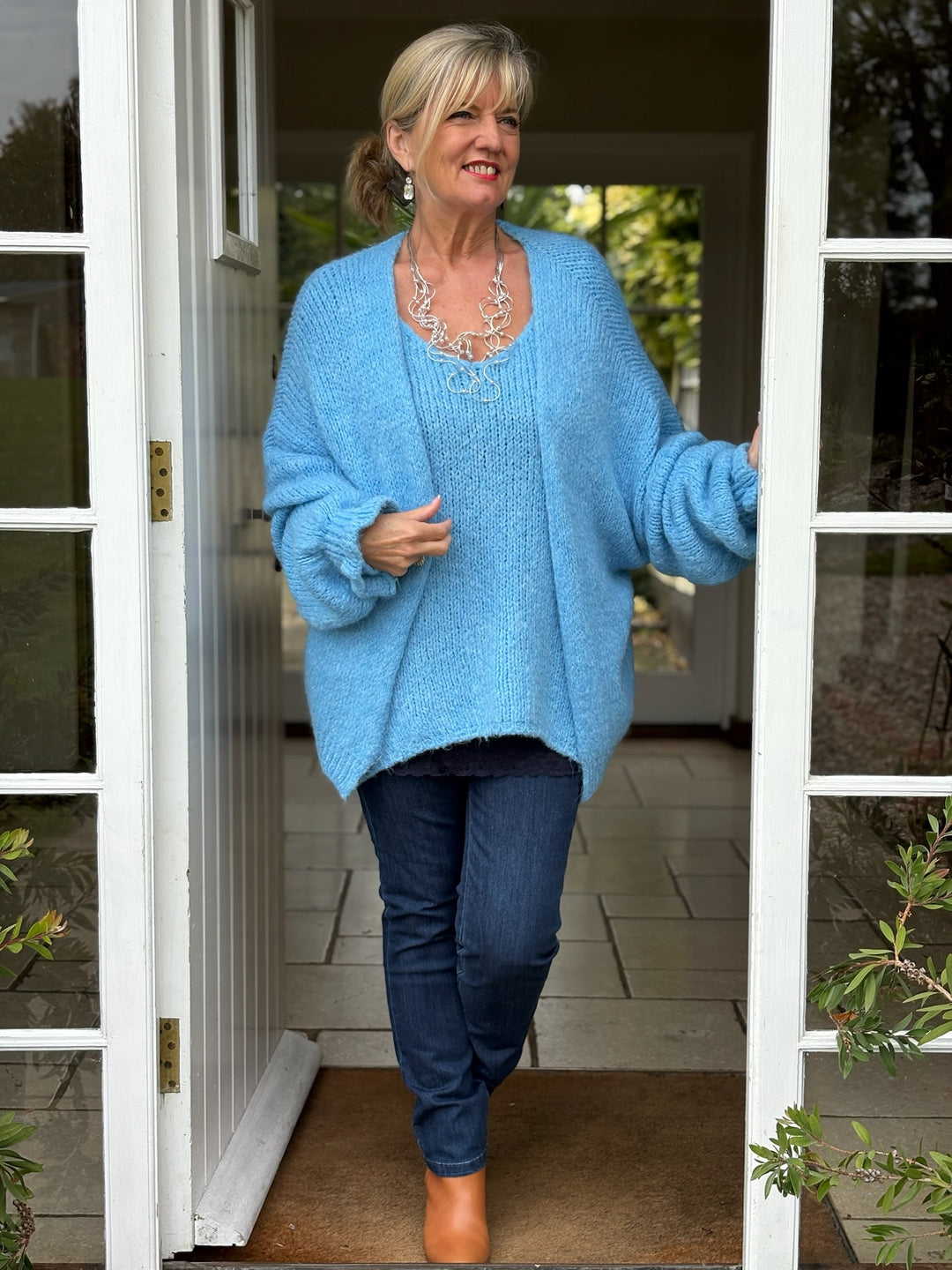 Long Sleeve Ruffle Cuff Knit Cardigan | Sky Blue