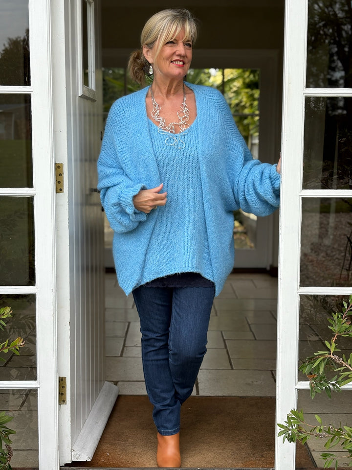 Long Sleeve Ruffle Cuff Knit Cardigan | Sky Blue