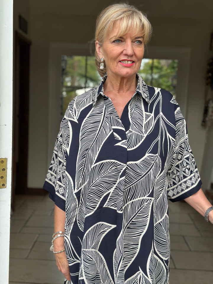 Palm Print Shirt Dress | Navy