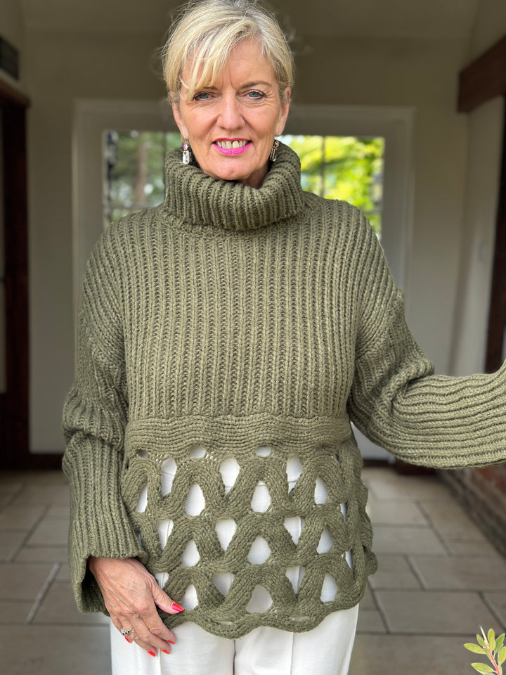 Loop Detail Roll Neck Chunky Knit - Malissa J | Khaki