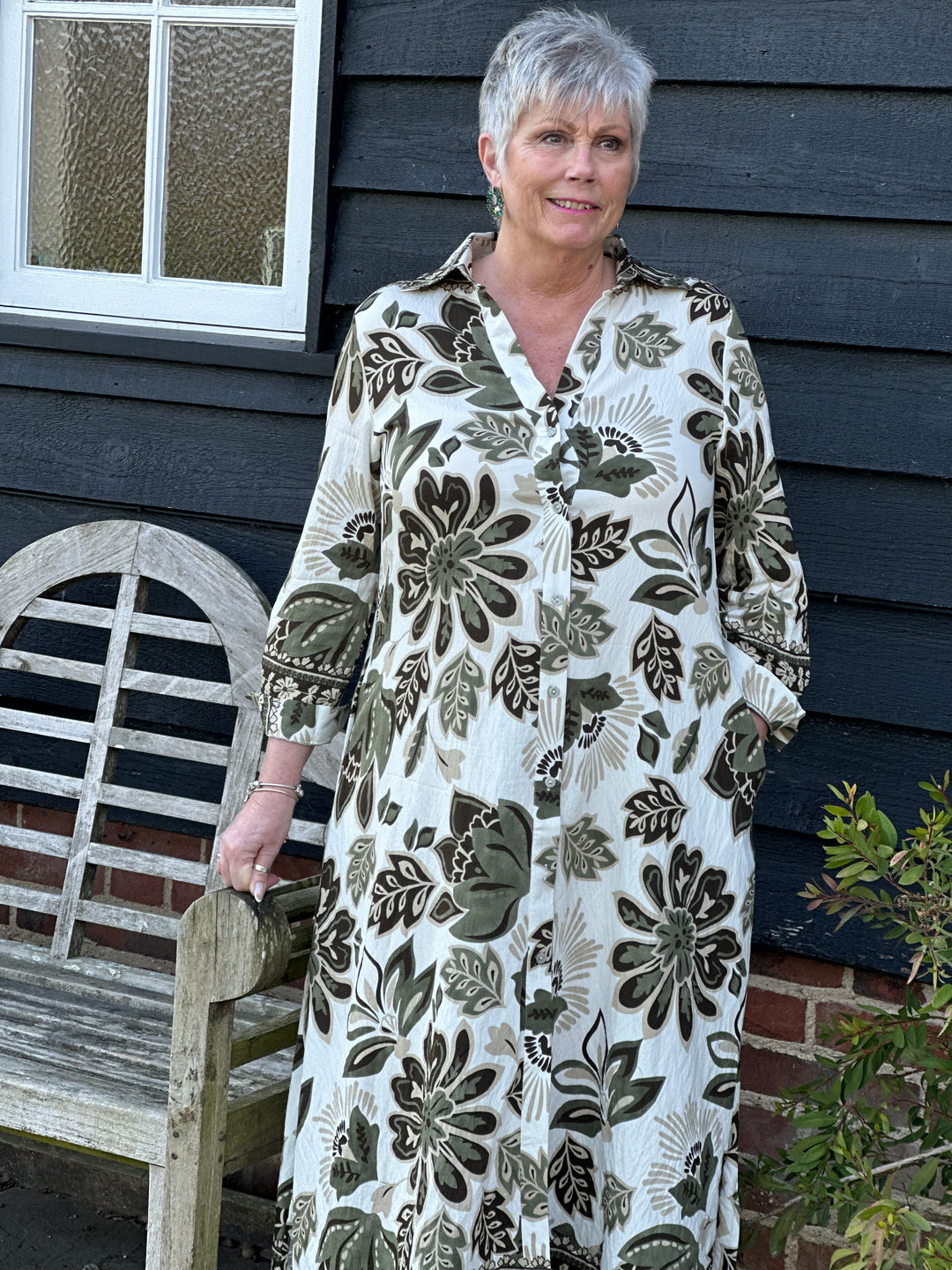 Botanical Print Longline Shirt Dress - Malissa J | Khaki