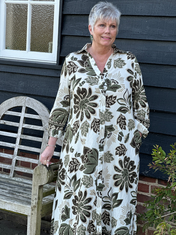 Botanical Print Longline Shirt Dress - Malissa J | Khaki