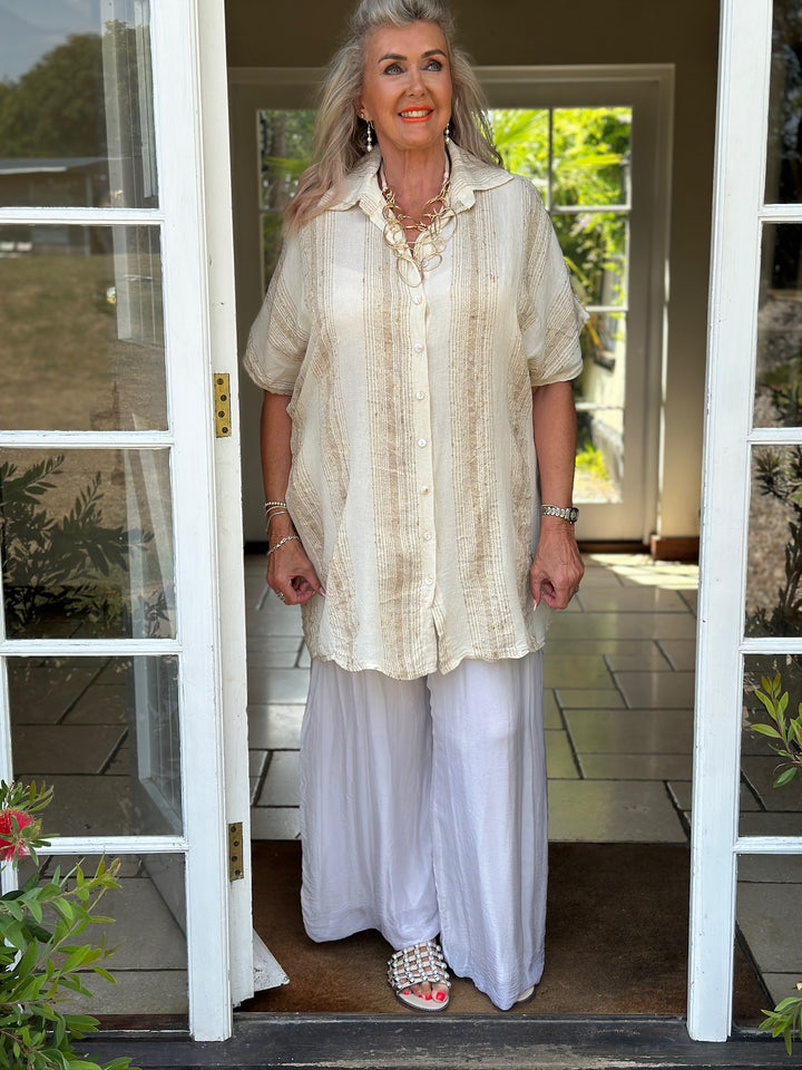Metallic Stripe Longline Shirt | Oatmeal