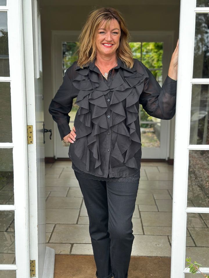 Ruffle Detail Sheer Button Blouse | Black