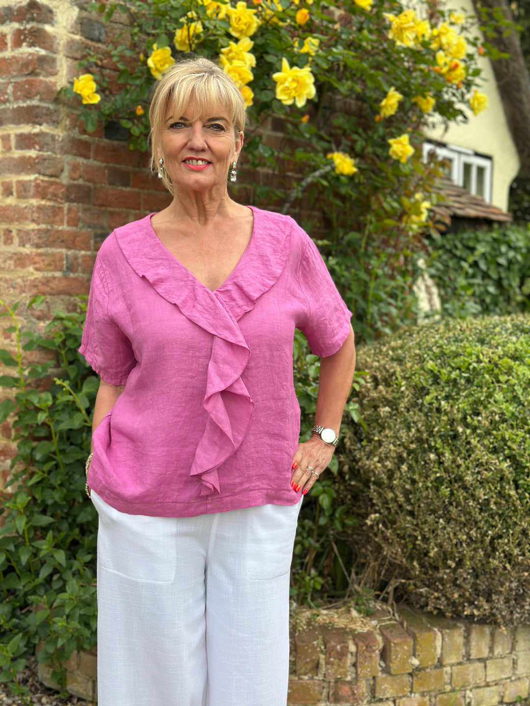 Linen Frill Top | Raspberry