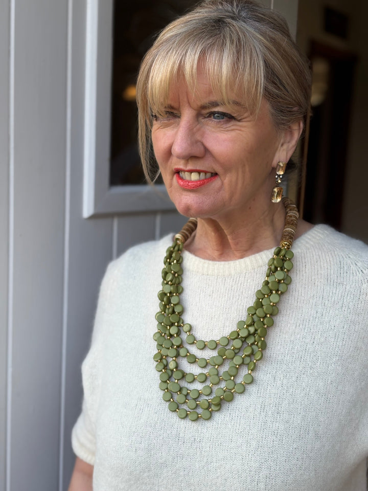 Coconut Shell & Mini Circle Bead Necklace | Forest Green & Gold