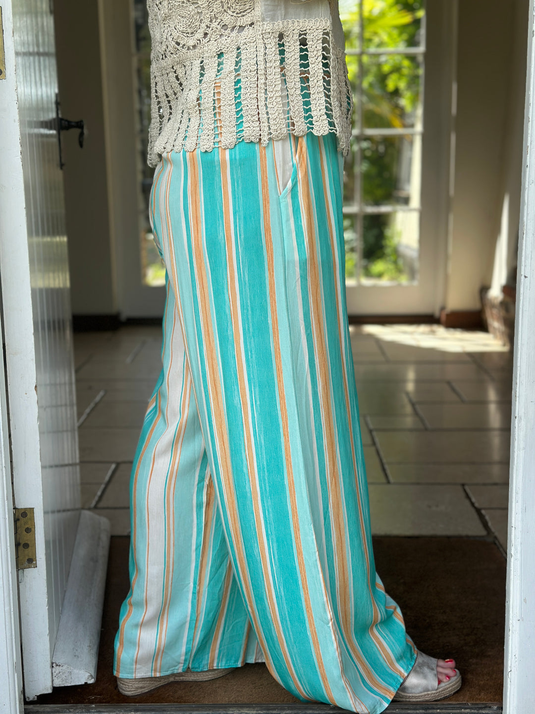 Multi Stripe Wide Leg Trouser | Turquoise