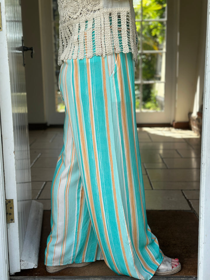 Multi Stripe Wide Leg Trouser | Turquoise