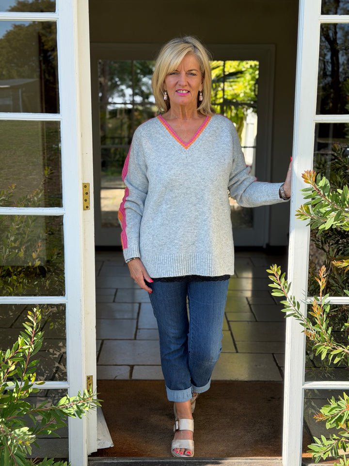 Stripe Sleeve Knit Jumper  | Silver