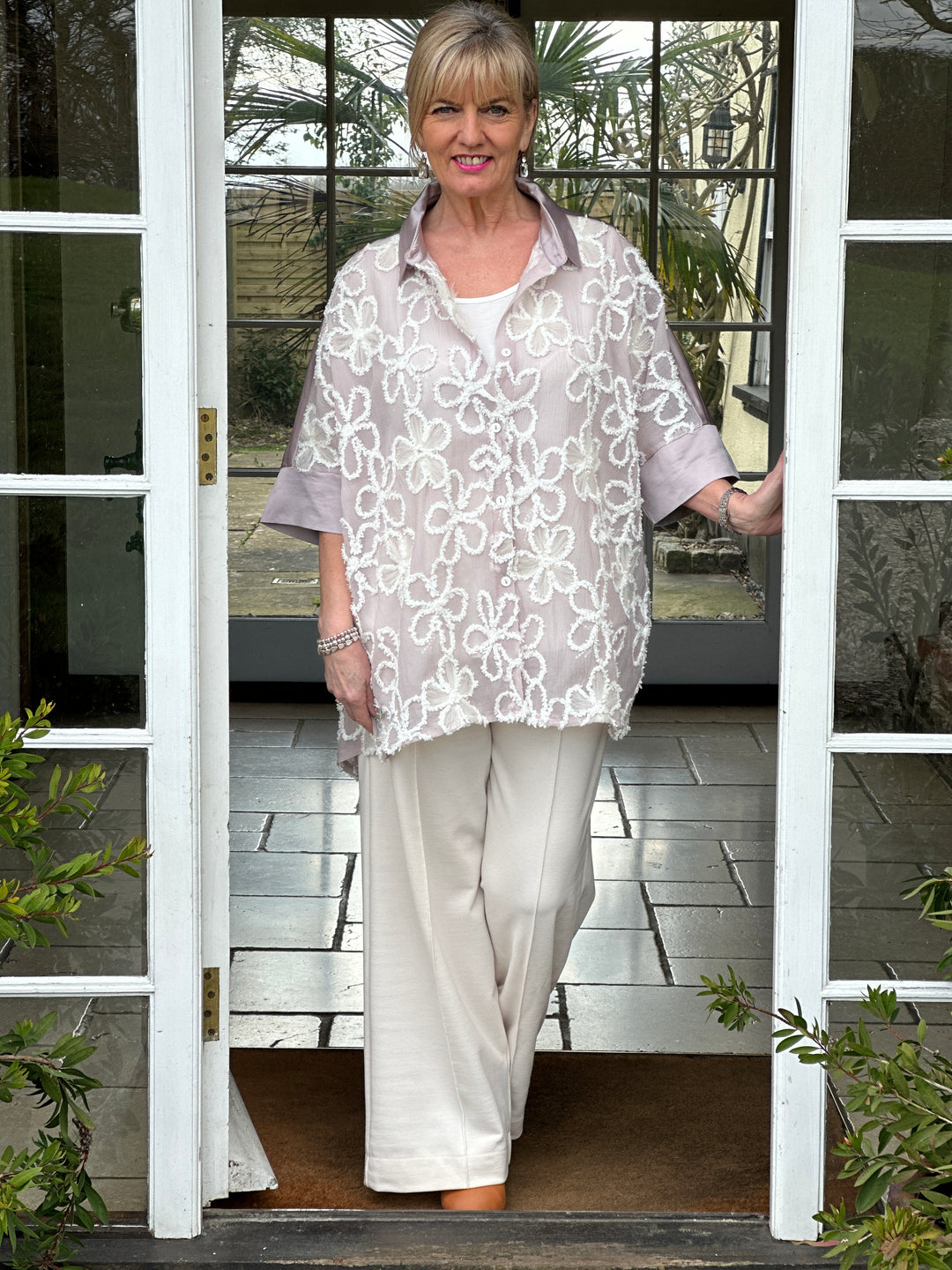 Flower Sequin Satin Shirt - Malissa J | Stone