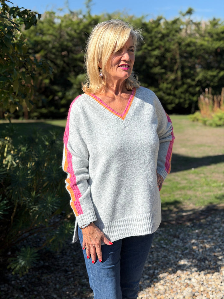 Stripe Sleeve Knit Jumper  | Silver