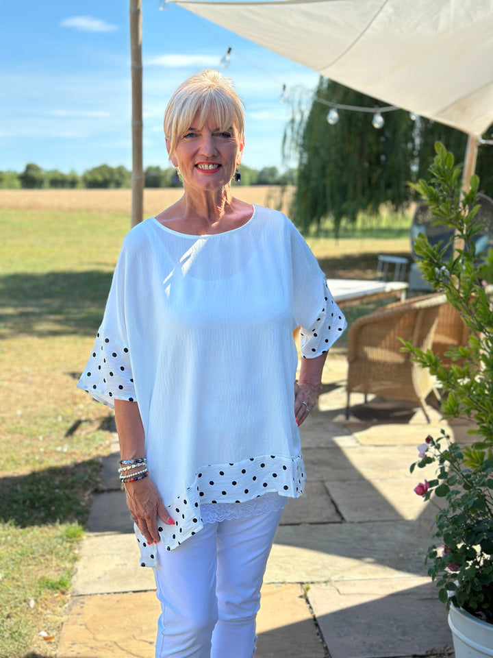 Polka Dot Trim Cotton Top | White