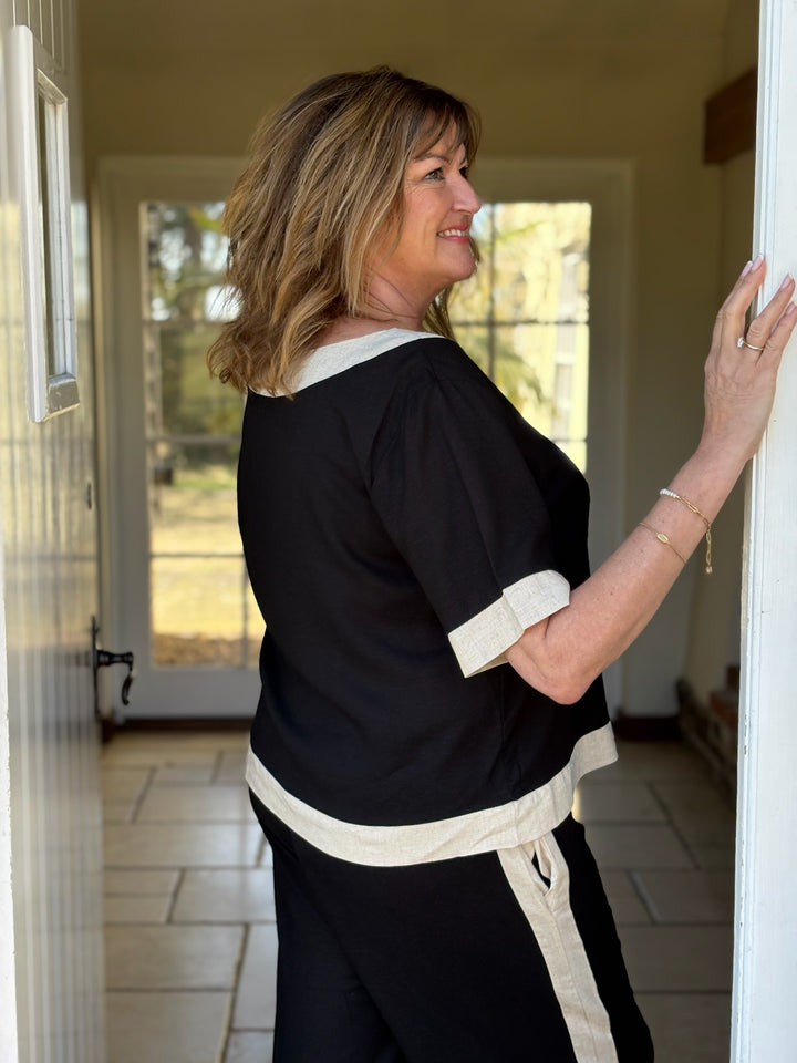 Boat Neck Linen Blend Top | Black