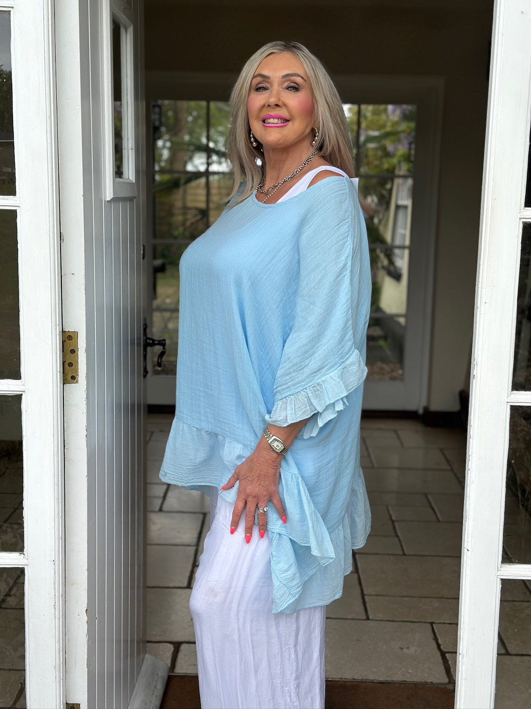Cotton Ruffle Hem Top | Sky Blue