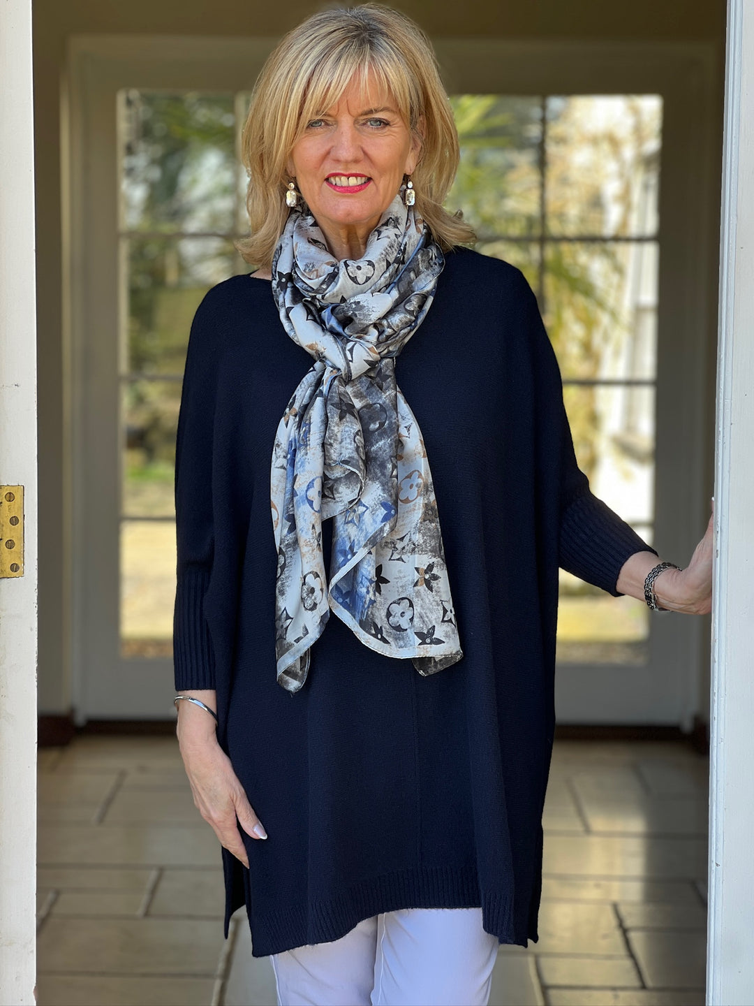 Satin Feel Printed Scarf Malissa J Navy – Mandy's Heaven