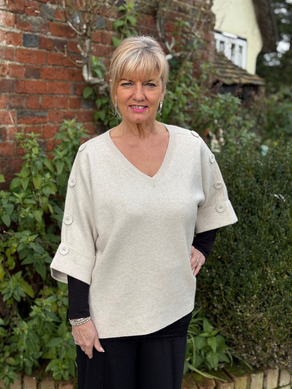 Elbow Length Button Detail V Neck Jumper Malissa J | Oyster - Mandy's Heaven 