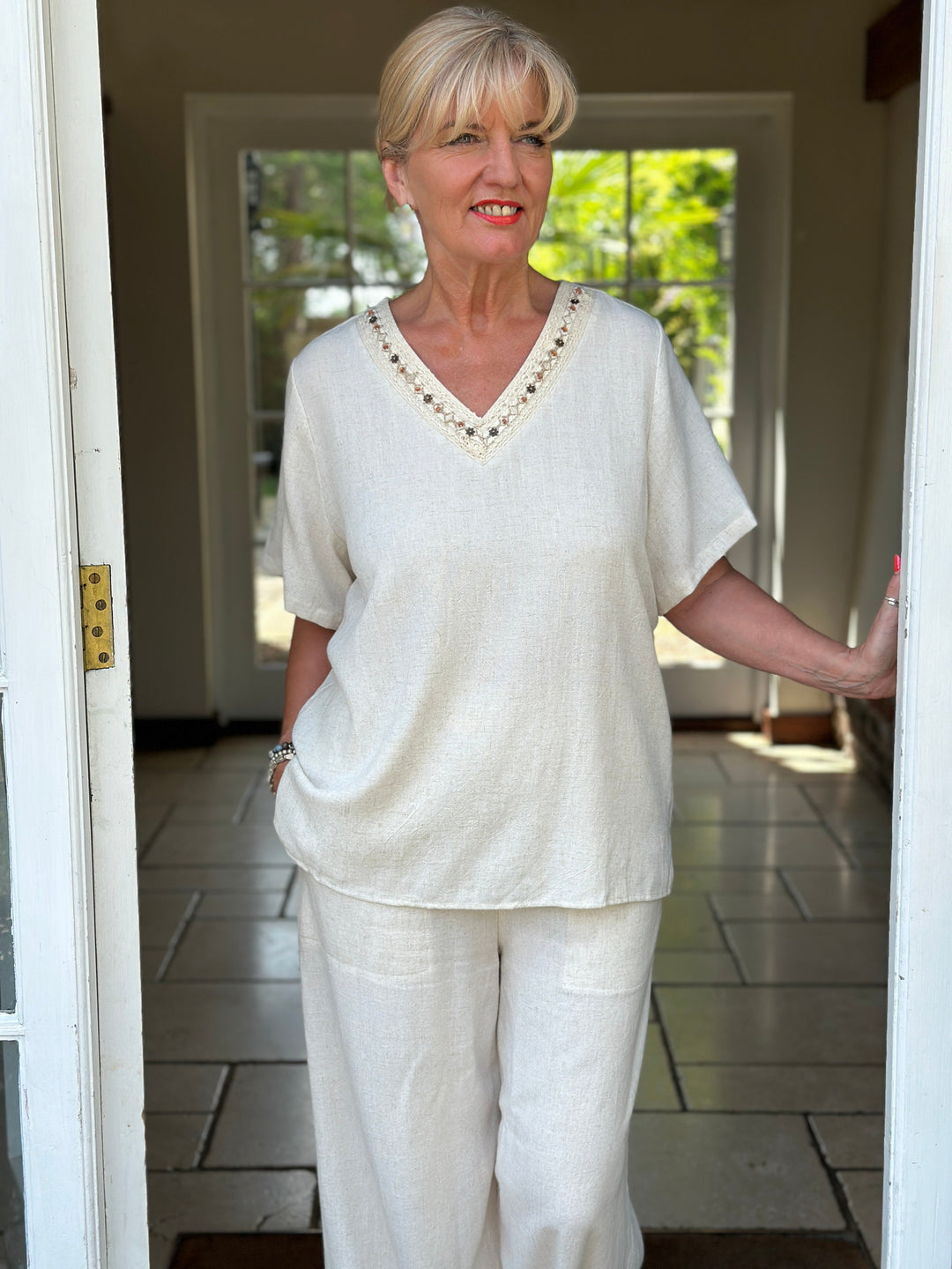 Lace Trim V-Neck Cotton Blend Top | Ivory