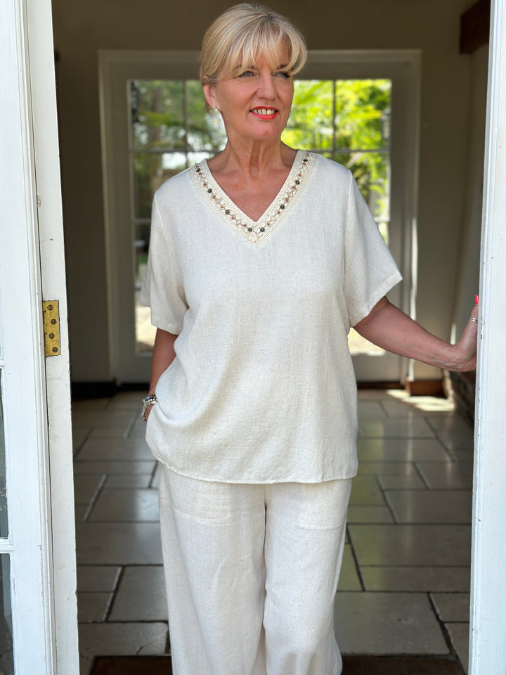 Lace Trim V-Neck Cotton Blend Top | Ivory