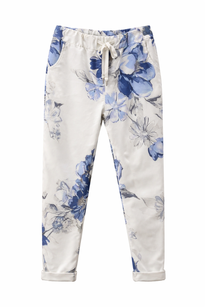 Watercolour Floral Print Trousers | Blue