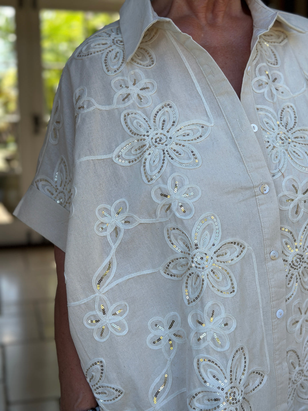 Sequin Floral Cotton Blend Shirt | Cream
