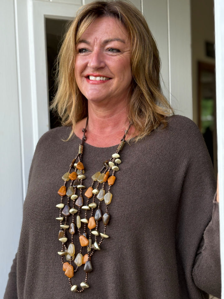 Layered Long Resin Beaded Necklace | Brown