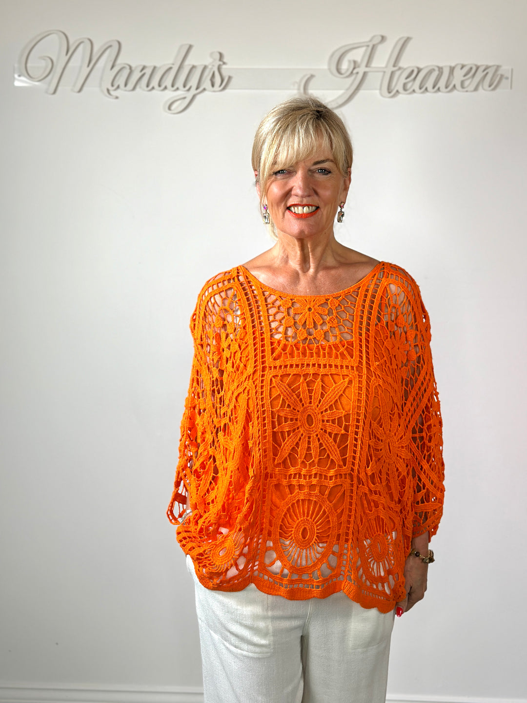 Floral Crochet Batwing Top | Orange