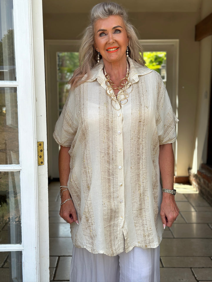 Metallic Stripe Longline Shirt | Oatmeal
