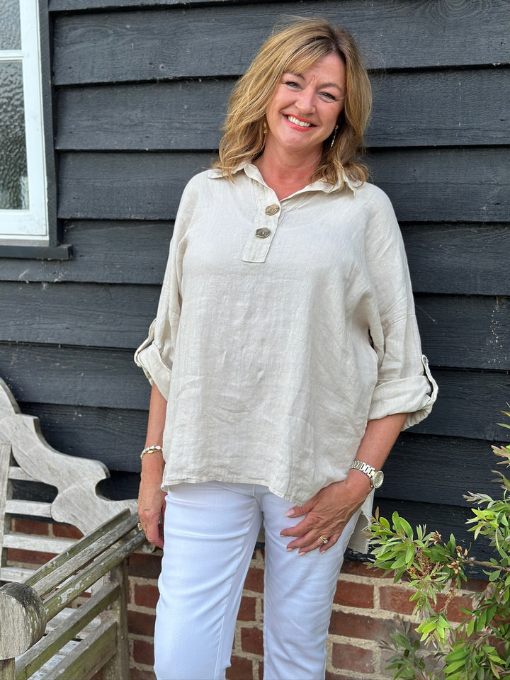 Linen Double Button Top | Beige