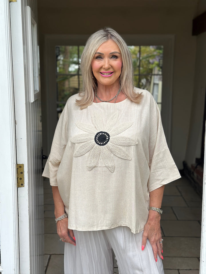 Linen Embroidered Crochet Flower Top | Beige