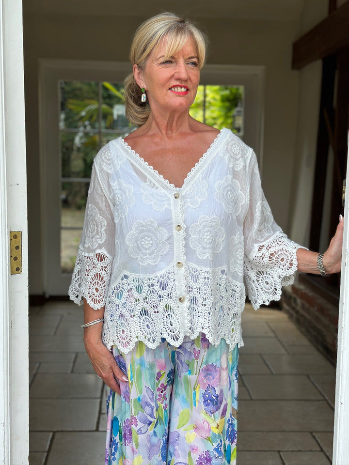 Cotton Crochet Floral Cardigan | White