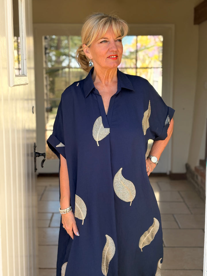 Shimmer Leaf Tunic Dress | Navy