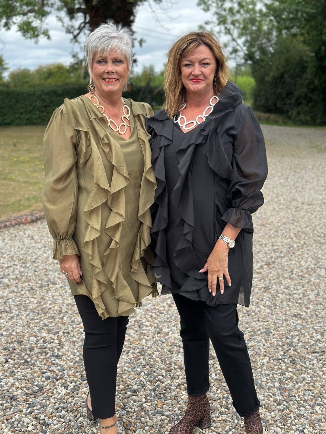 Ruffle Detail Sheer Tunic Blouse | Khaki