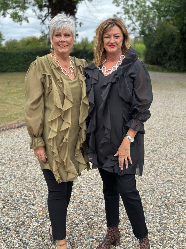 Ruffle Detail Sheer Tunic Blouse | Khaki