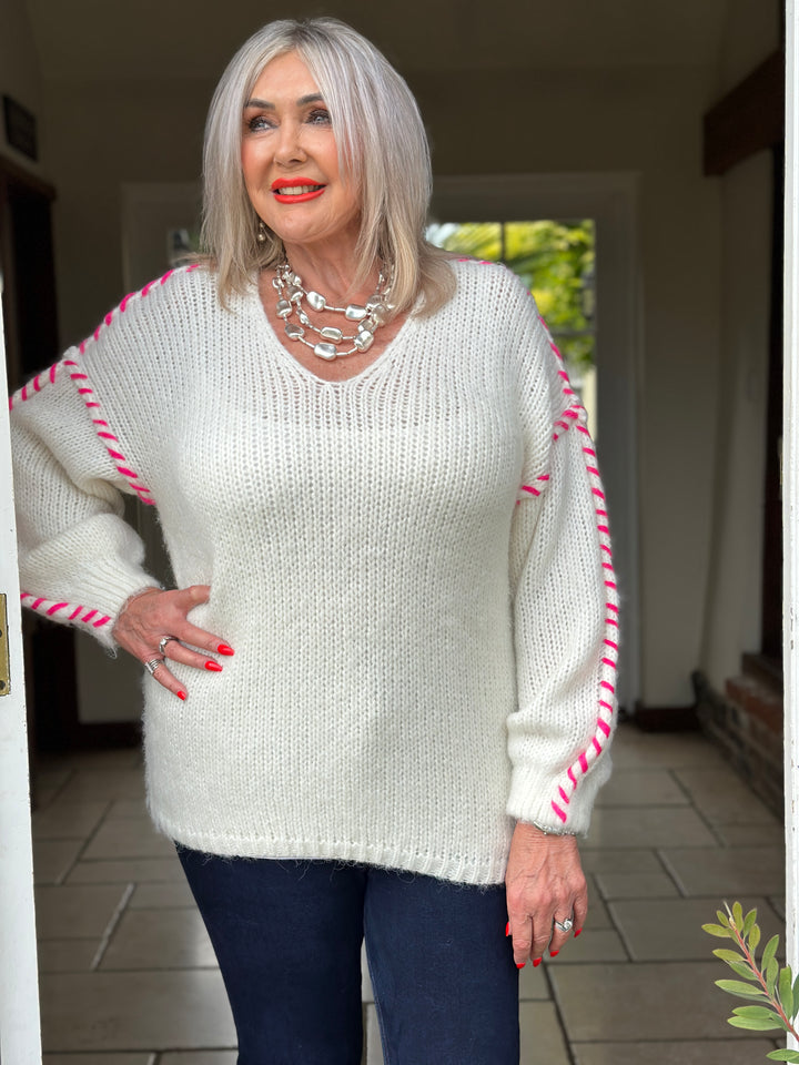 Contrast Stitch V-Neck Jumper  | Neon Pink