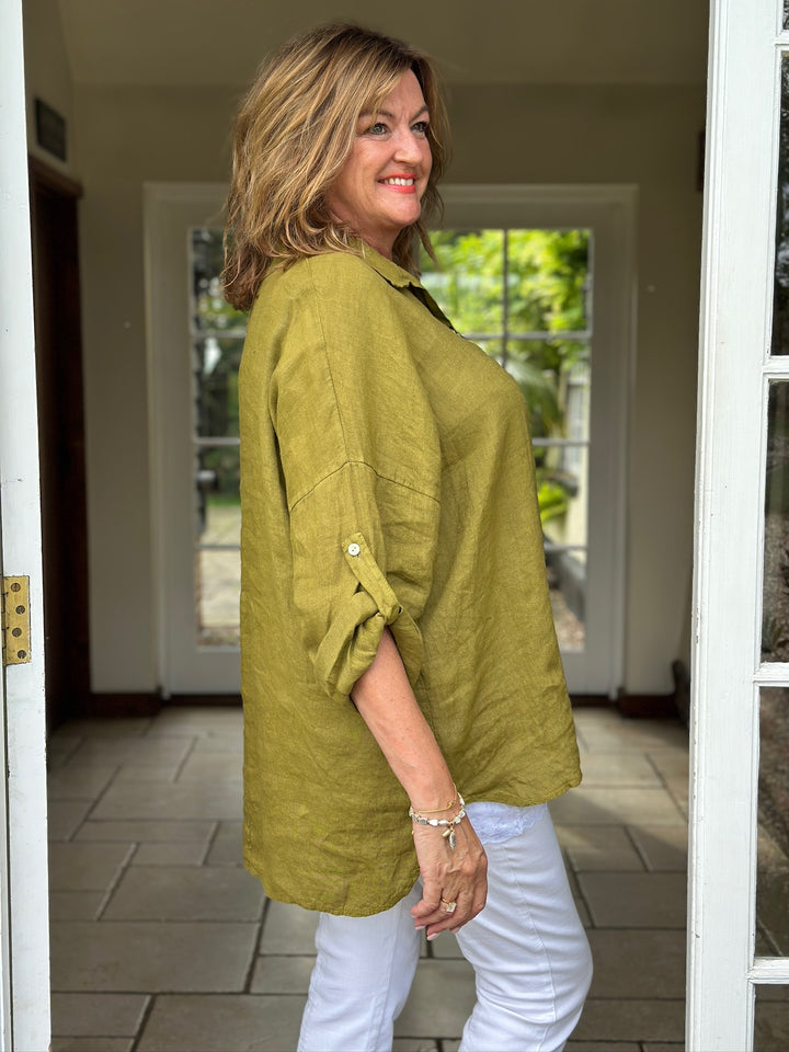 Linen Double Button Top | Olive