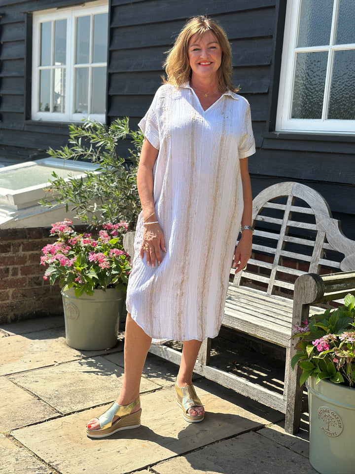Metallic Stripe Kaftan Dress | White