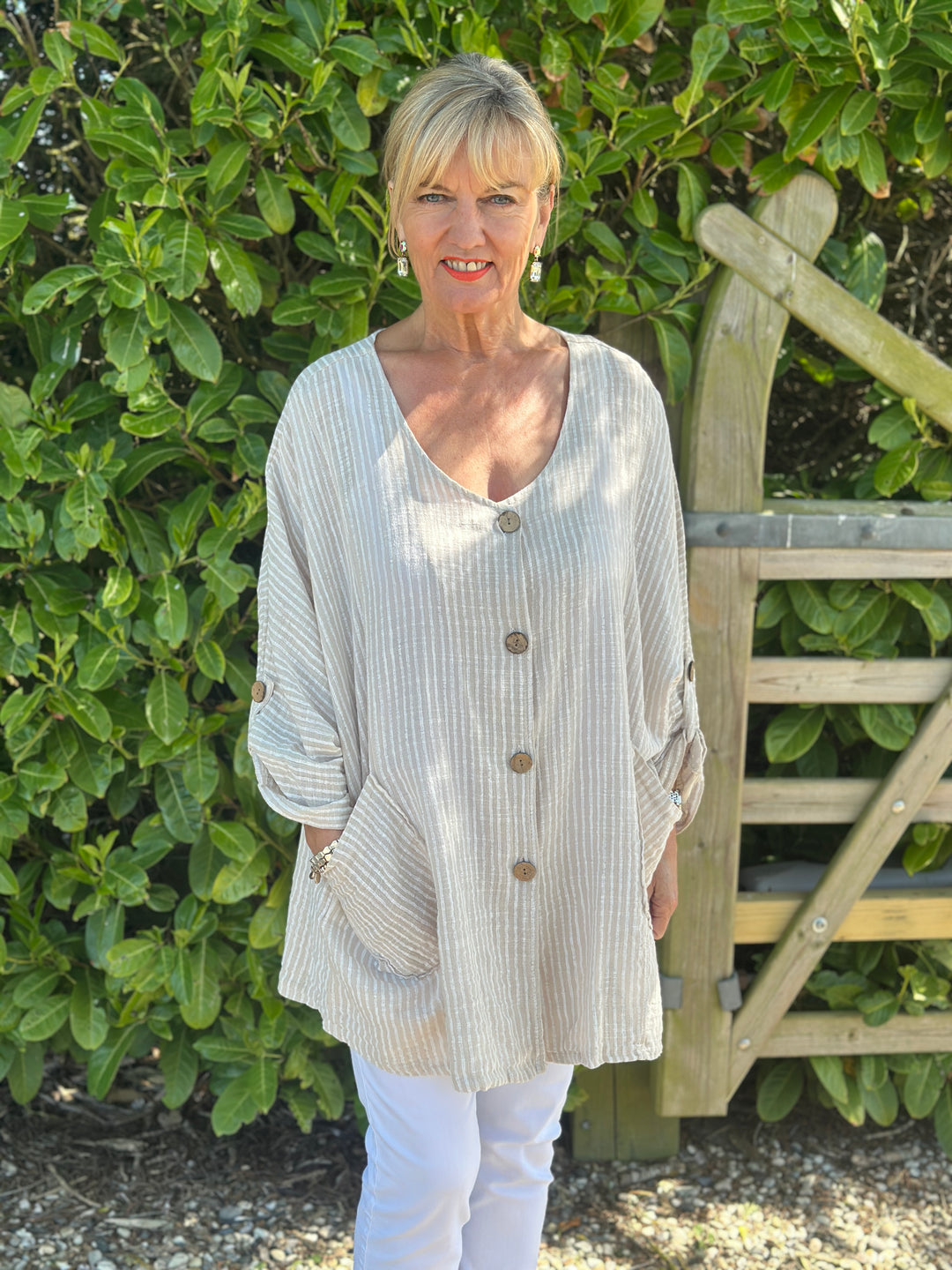 Urban Stripe Linen Top | Beige