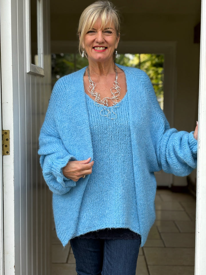 Long Sleeve Ruffle Cuff Knit Cardigan | Sky Blue