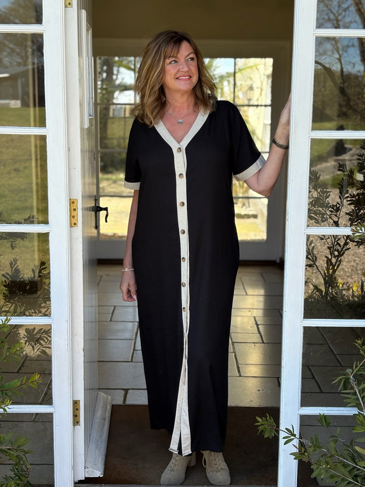 Button Down Linen Blend Dress | Black