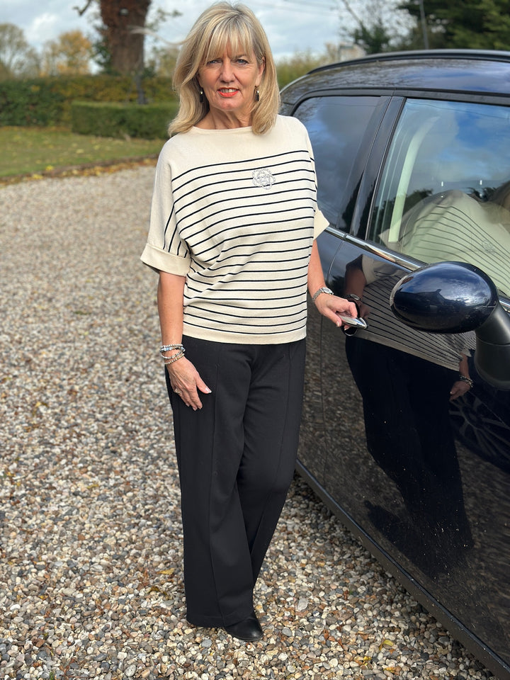 Embellished Flower Stripe Detail Top | Beige