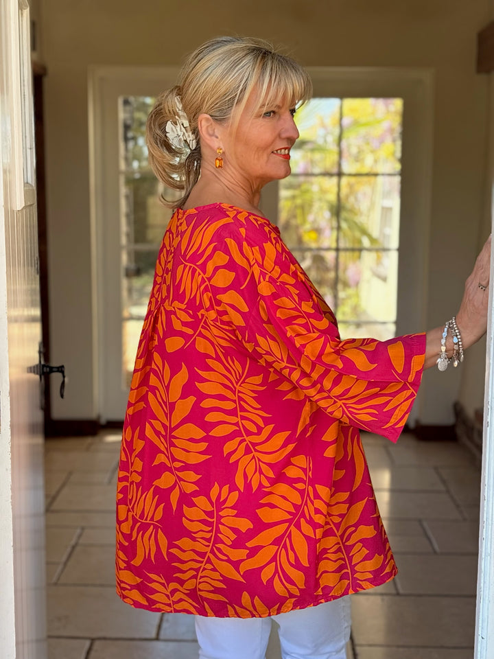 One Button Tunic Top Abstract Print | Fuchsia & Orange Leaf