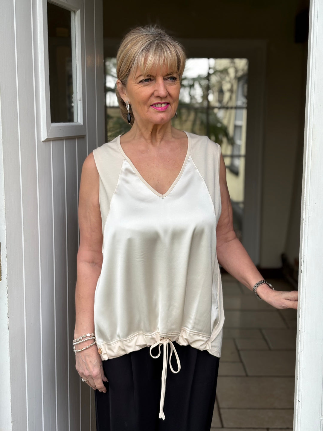 Satin Front Drawcord Vest Top Malissa J |Oyster - Mandy's Heaven 