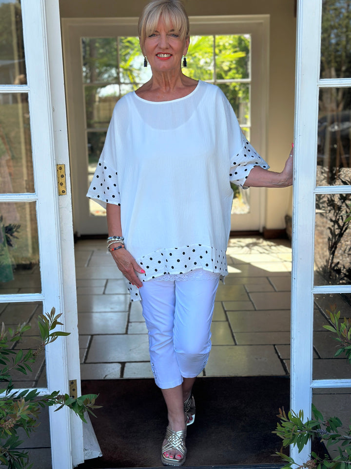 Polka Dot Trim Cotton Top | White