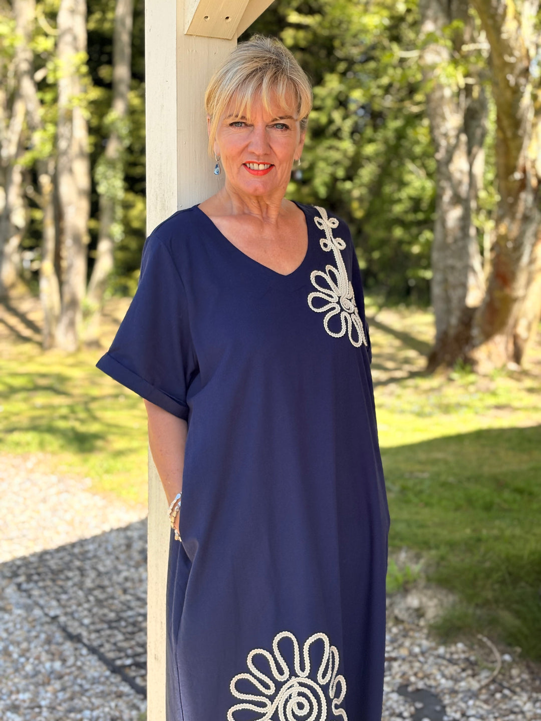 Embroidered Flower Print Tunic Dress | Navy